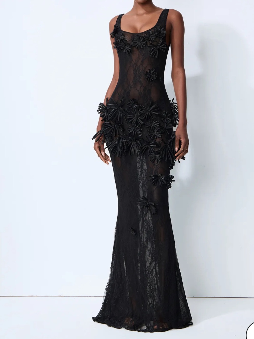 Sunfere Midnight Desire Black Sheer Lace Floral Applique Maxi Dress size Small